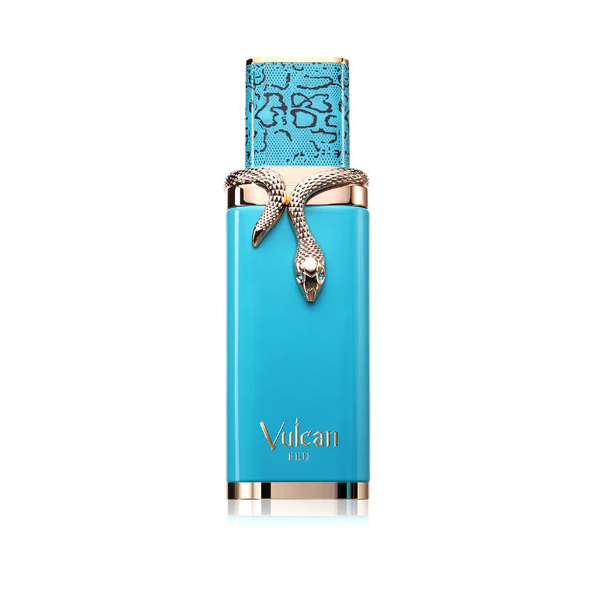 Blue perfume bottle with gold accents on a white background,vulcan feu parfem extrait french avenue orijentalni mirisi noli 